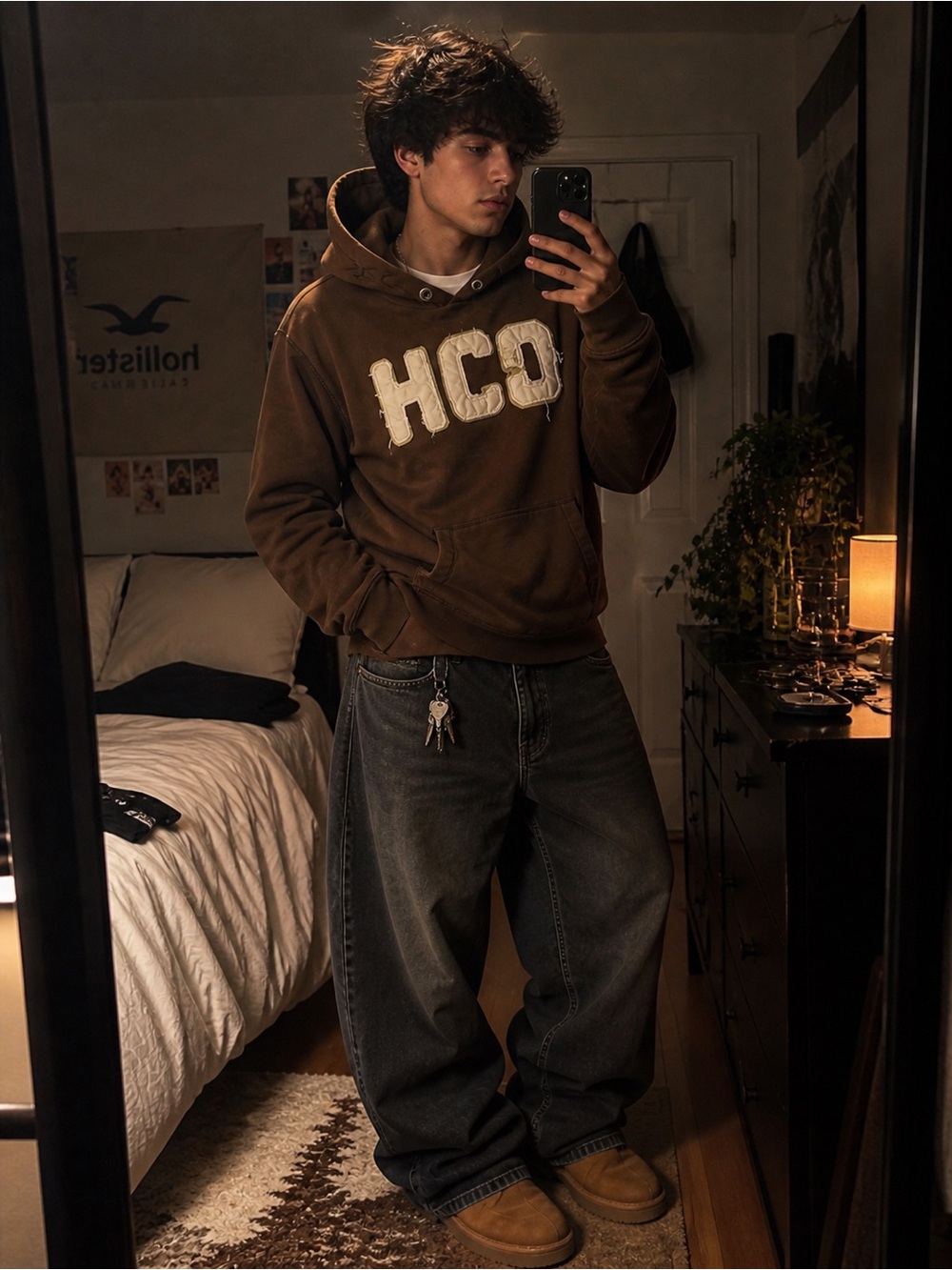 Hollister Brown HCO Logo Hoodie Size XL Oversized Y2K